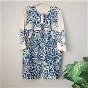 Artisan Printed Linen Blue Boho Longline Jacket Shacket NEW Womens 3/XL